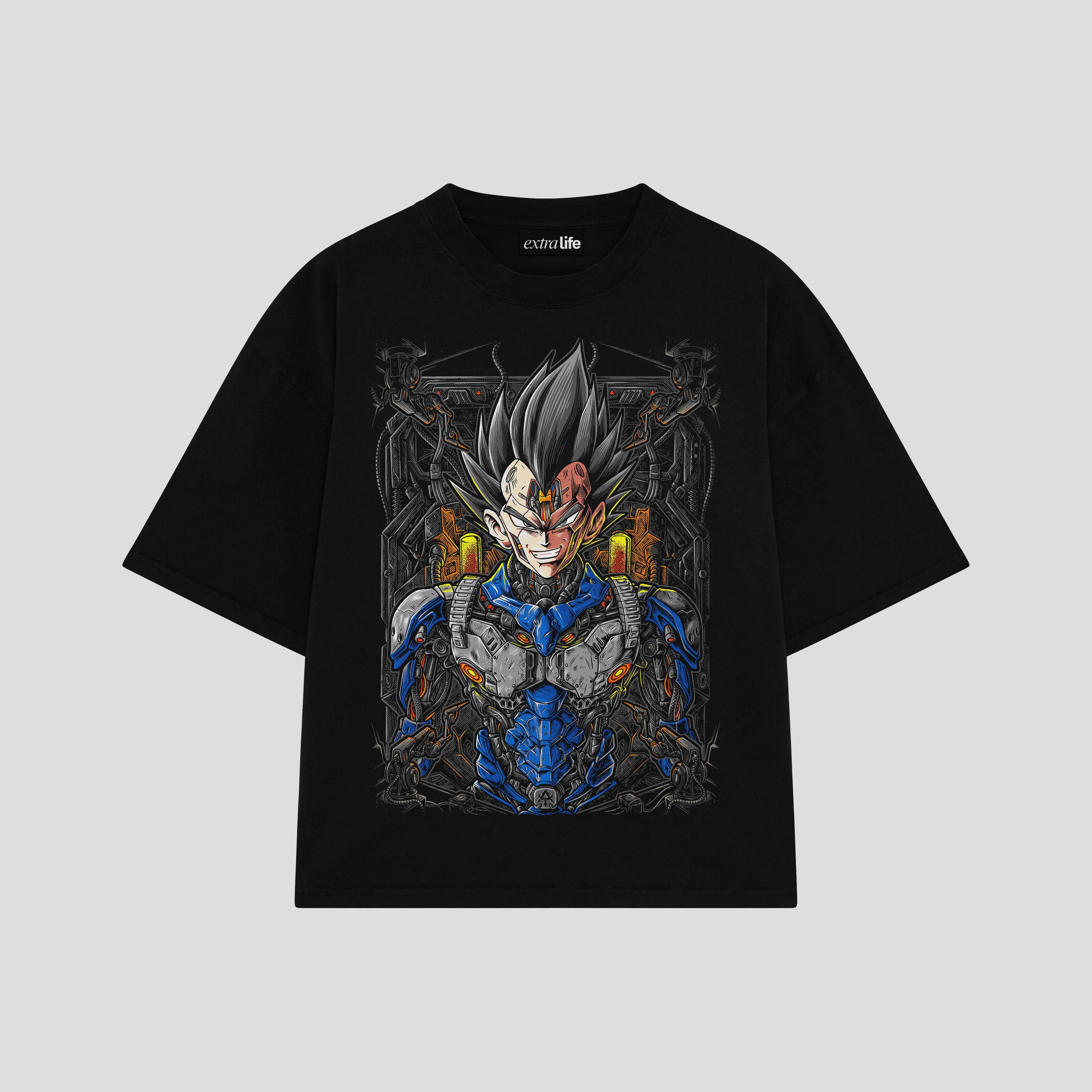 Playera streetwear premium de anime y gaming ExtraLife MX, corte boxy oversized drop shoulder heavyweight en color Deep Black y Off-White, moda urbana mexicana de culto.