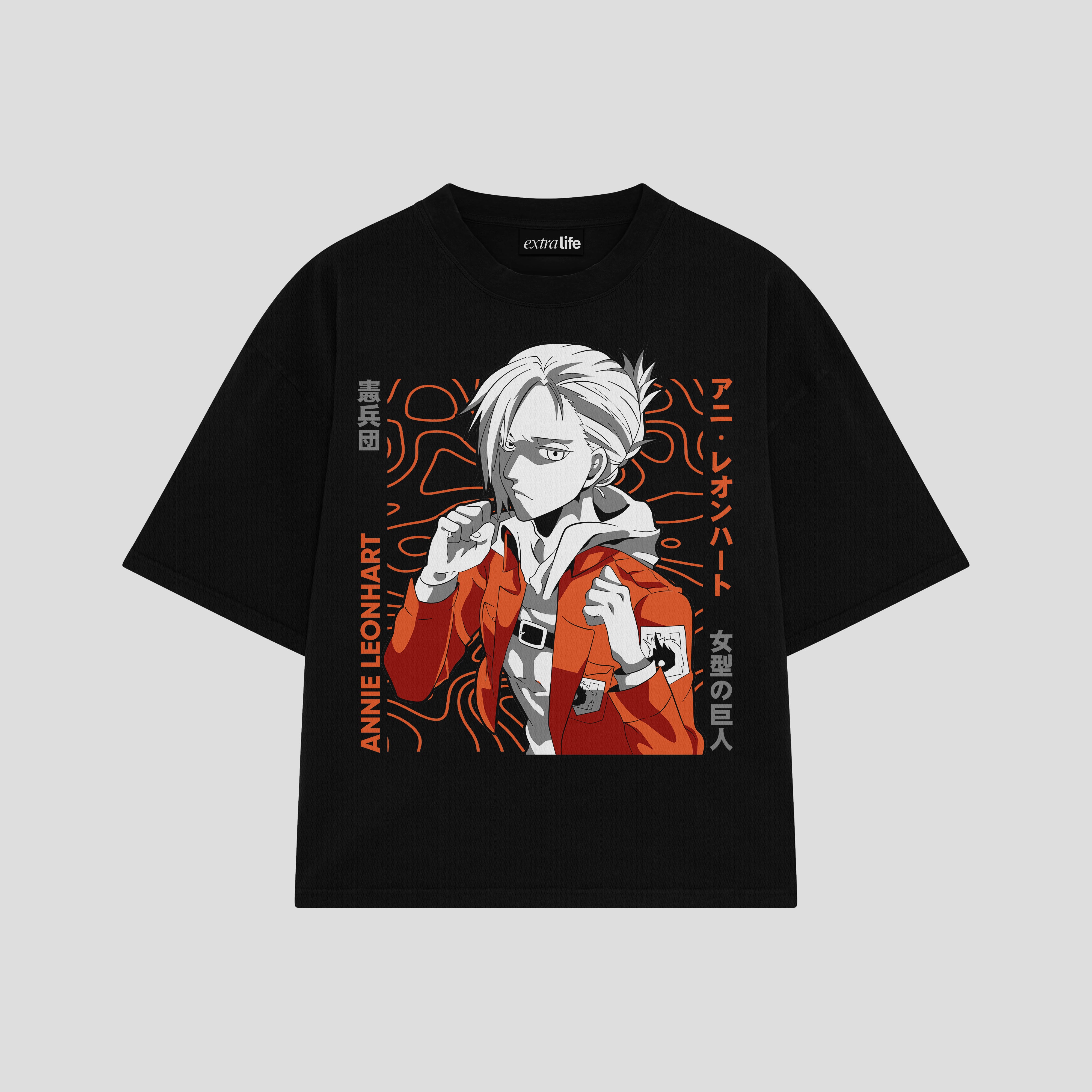 Playera streetwear premium de anime y gaming ExtraLife MX, corte boxy oversized drop shoulder heavyweight en color Deep Black y Off-White, moda urbana mexicana de culto.
