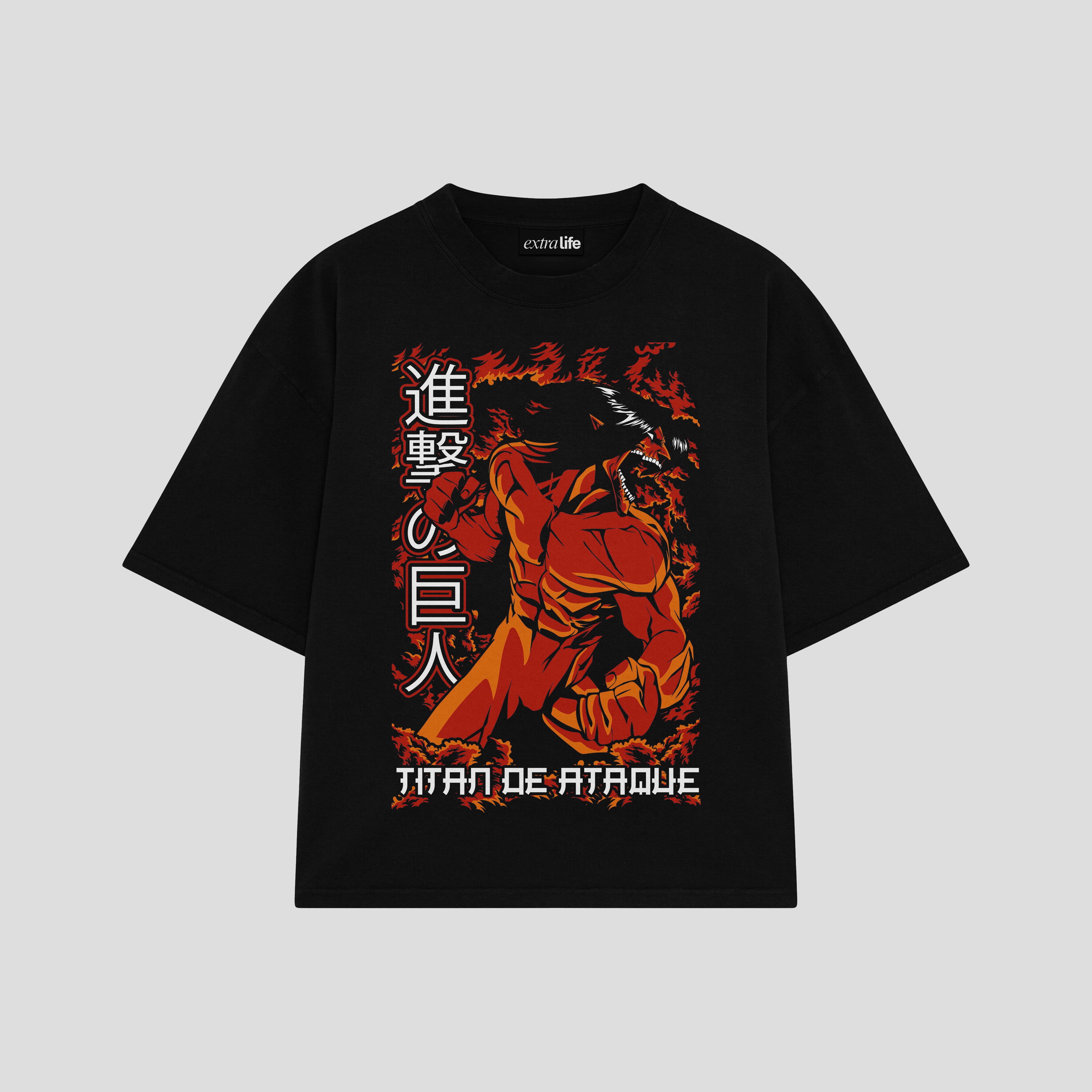 Playera streetwear premium de anime y gaming ExtraLife MX, corte boxy oversized drop shoulder heavyweight en color Deep Black y Off-White, moda urbana mexicana de culto.