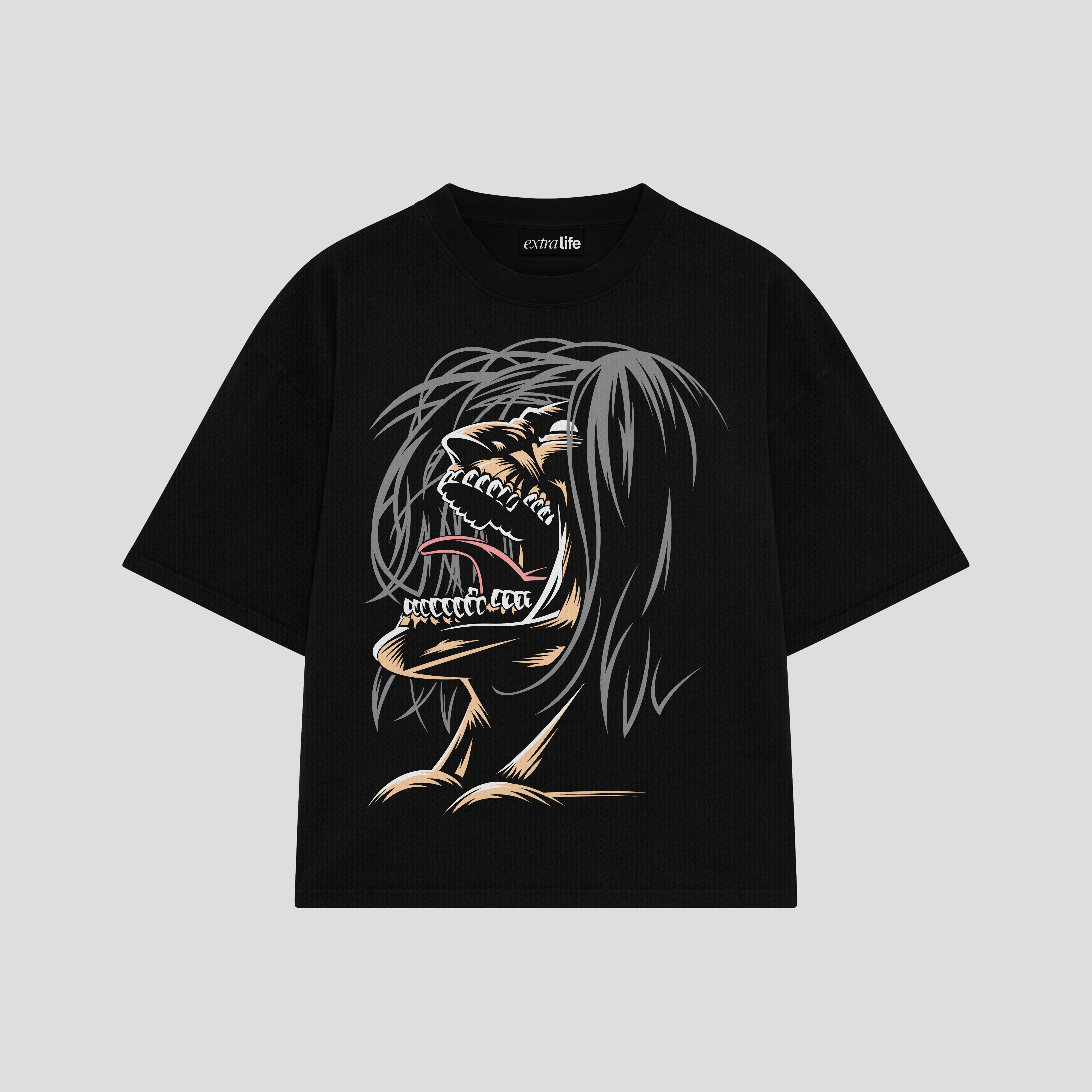 Playera streetwear premium de anime y gaming ExtraLife MX, corte boxy oversized drop shoulder heavyweight en color Deep Black y Off-White, moda urbana mexicana de culto.