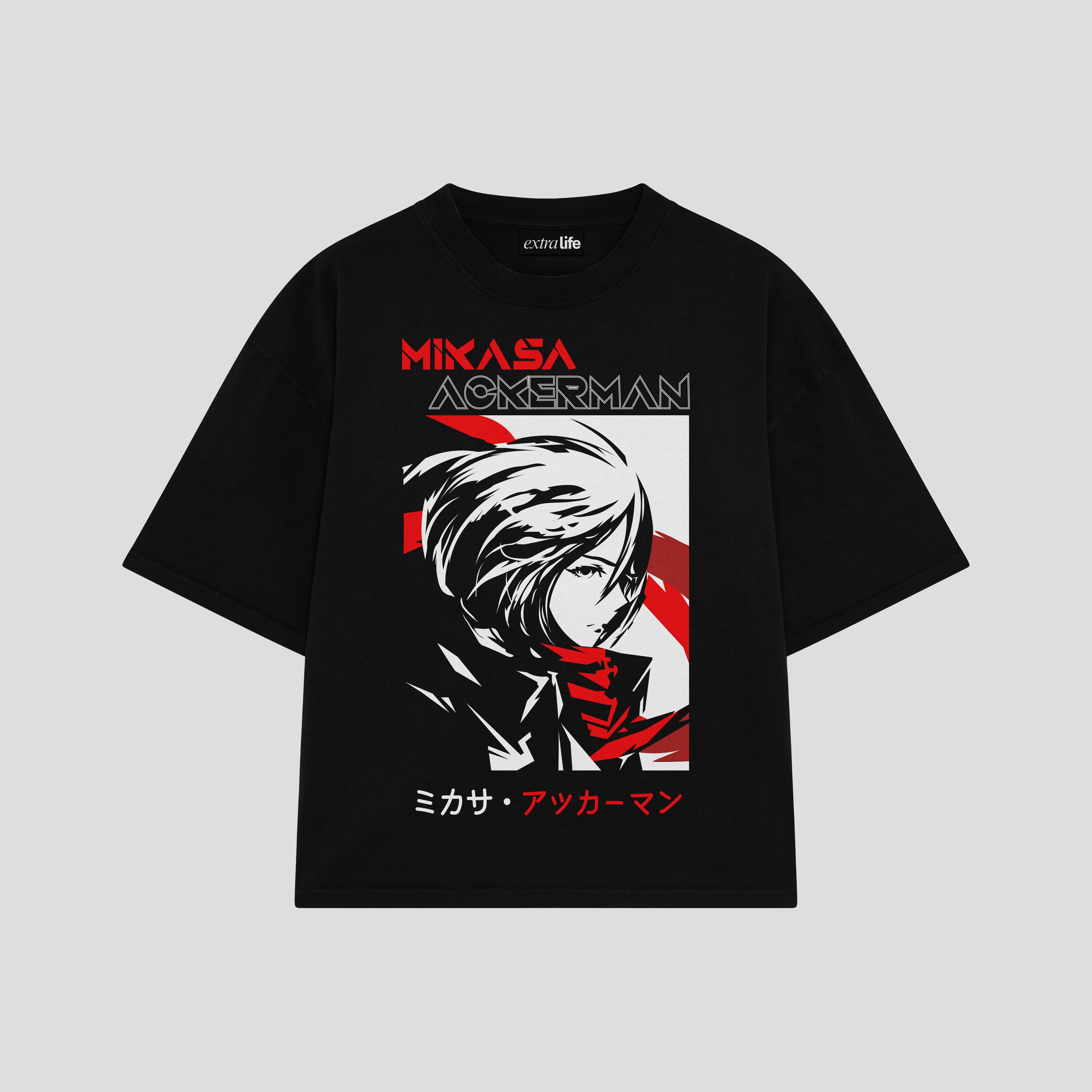 Playera streetwear premium de anime y gaming ExtraLife MX, corte boxy oversized drop shoulder heavyweight en color Deep Black y Off-White, moda urbana mexicana de culto.