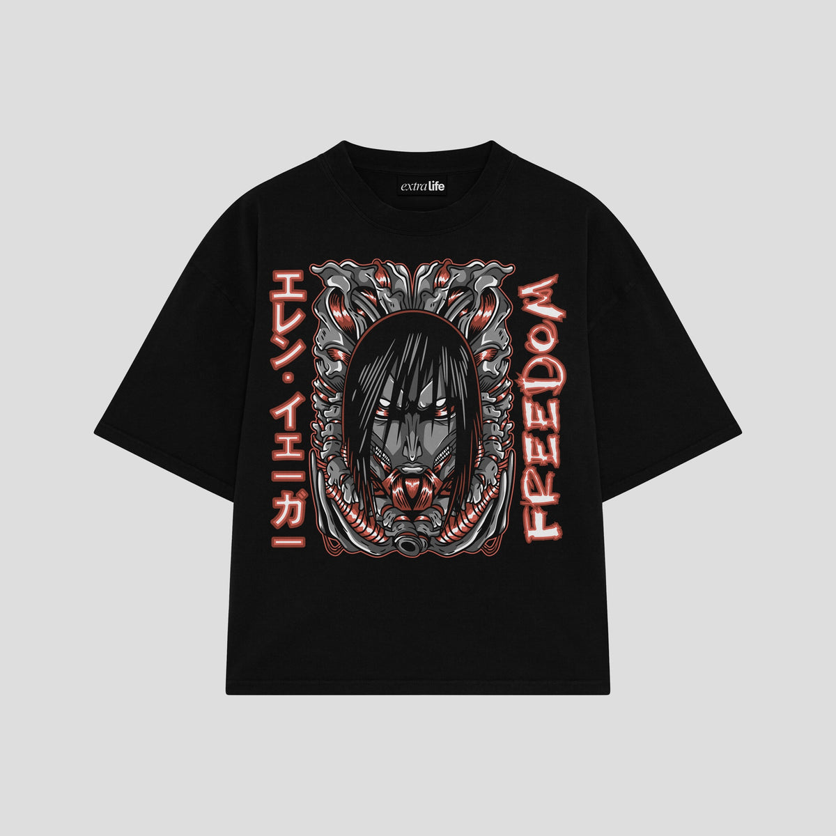 Playera streetwear premium de anime y gaming ExtraLife MX, corte oversized drop shoulder ligero y fresco en color Deep Black y Off-White, moda urbana mexicana de culto.