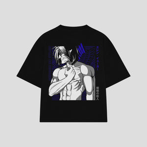 Playera streetwear premium de anime y gaming ExtraLife MX, corte boxy oversized drop shoulder heavyweight en color Deep Black y Off-White, moda urbana mexicana de culto.
