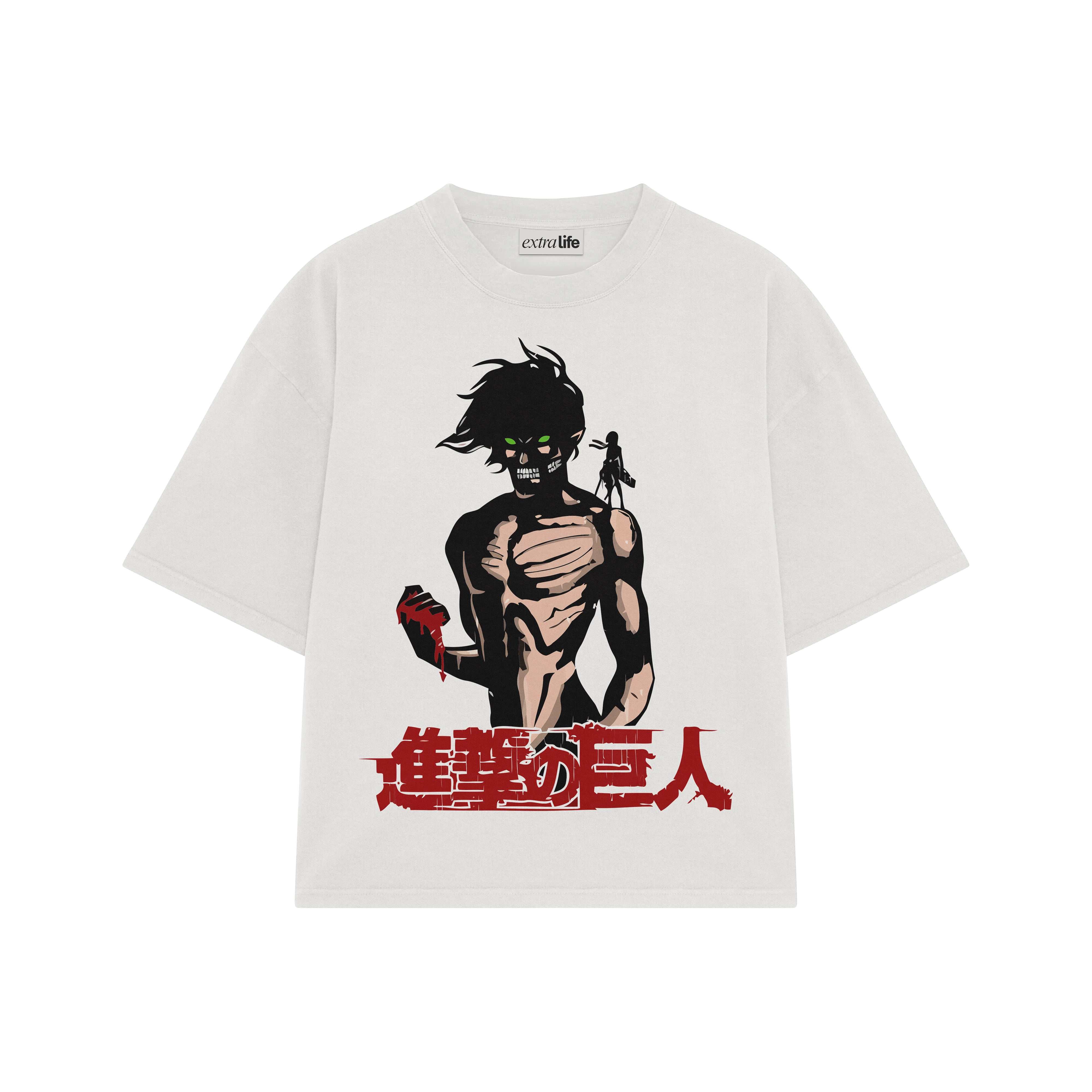 Playera streetwear premium de anime y gaming ExtraLife MX, corte boxy oversized drop shoulder heavyweight en color Deep Black y Off-White, moda urbana mexicana de culto.