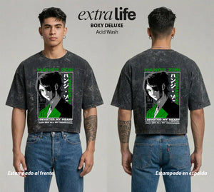 Playera streetwear premium de anime y gaming ExtraLife MX, corte boxy deluxe mineral wash heavyweight en color Acid Wash, moda urbana mexicana de culto.
