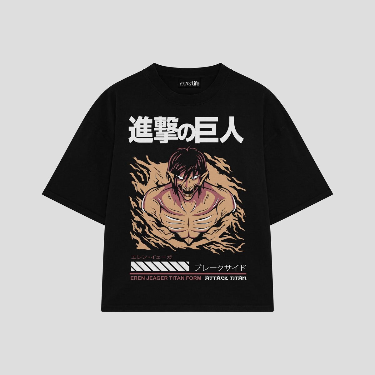 Playera streetwear premium de anime y gaming ExtraLife MX, corte oversized drop shoulder ligero y fresco en color Deep Black y Off-White, moda urbana mexicana de culto.