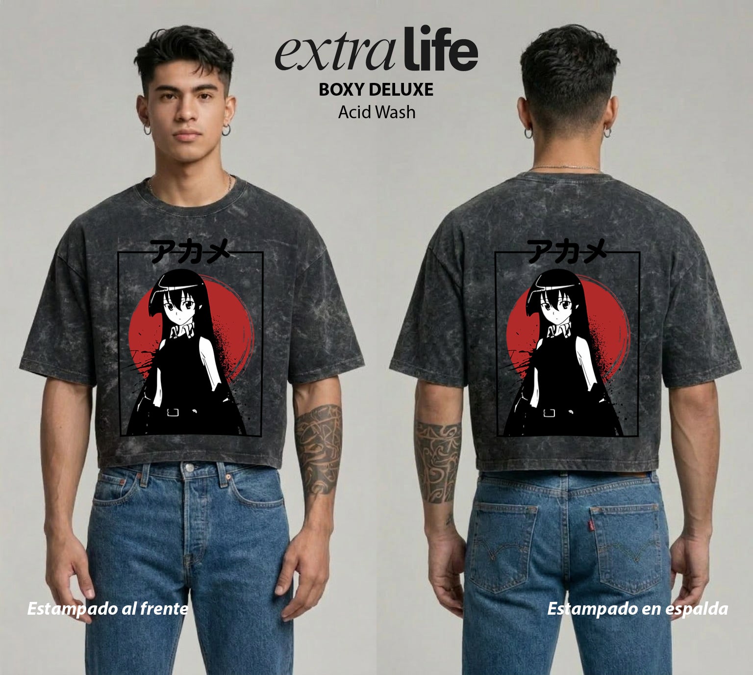 Playera streetwear premium de anime y gaming ExtraLife MX, corte boxy deluxe mineral wash heavyweight en color Acid Wash, moda urbana mexicana de culto.