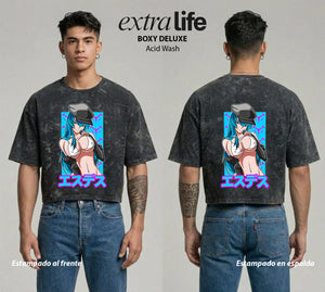 Playera streetwear premium de anime y gaming ExtraLife MX, corte boxy deluxe mineral wash heavyweight en color Acid Wash, moda urbana mexicana de culto.