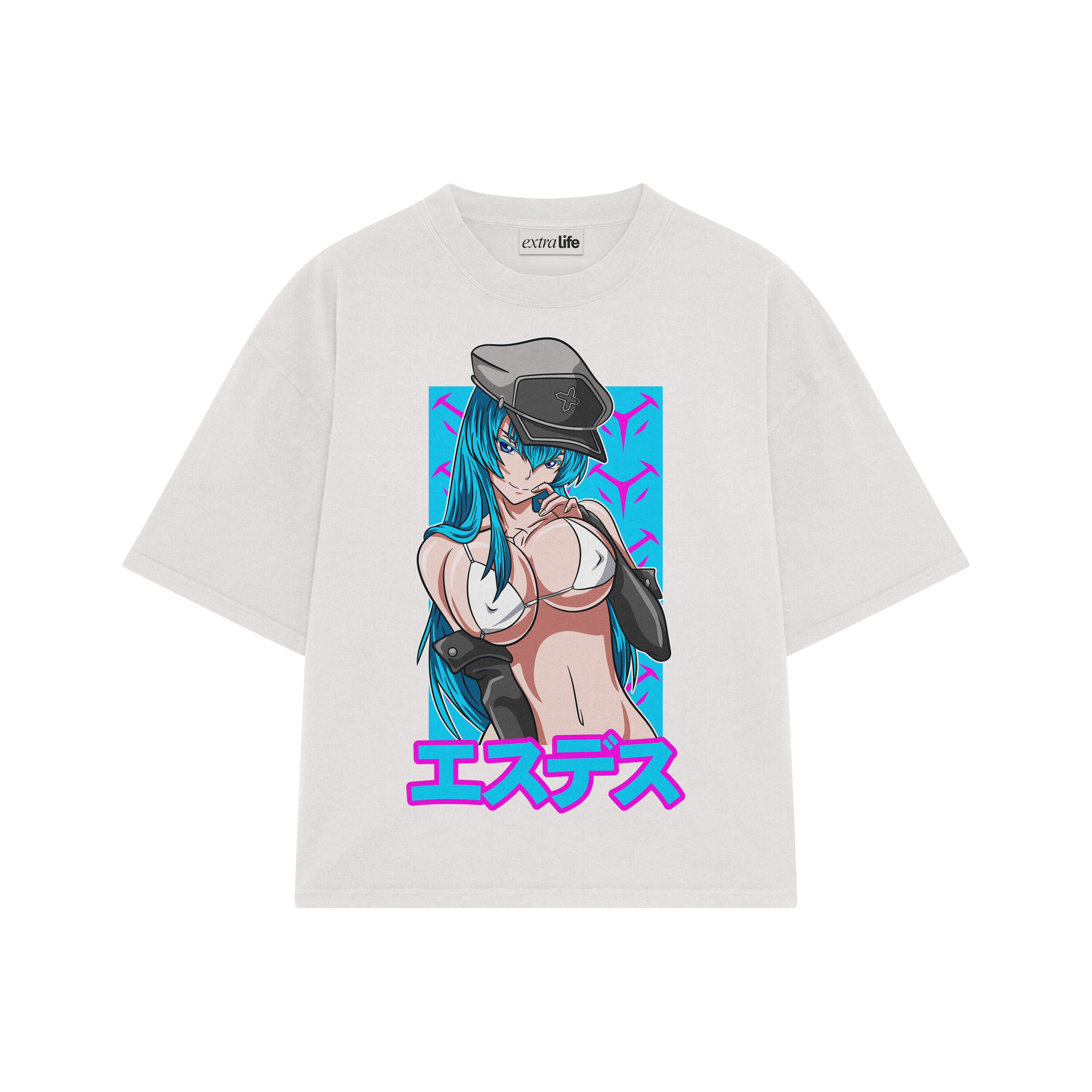 Playera streetwear premium de anime y gaming ExtraLife MX, corte boxy oversized drop shoulder heavyweight en color Deep Black y Off-White, moda urbana mexicana de culto.