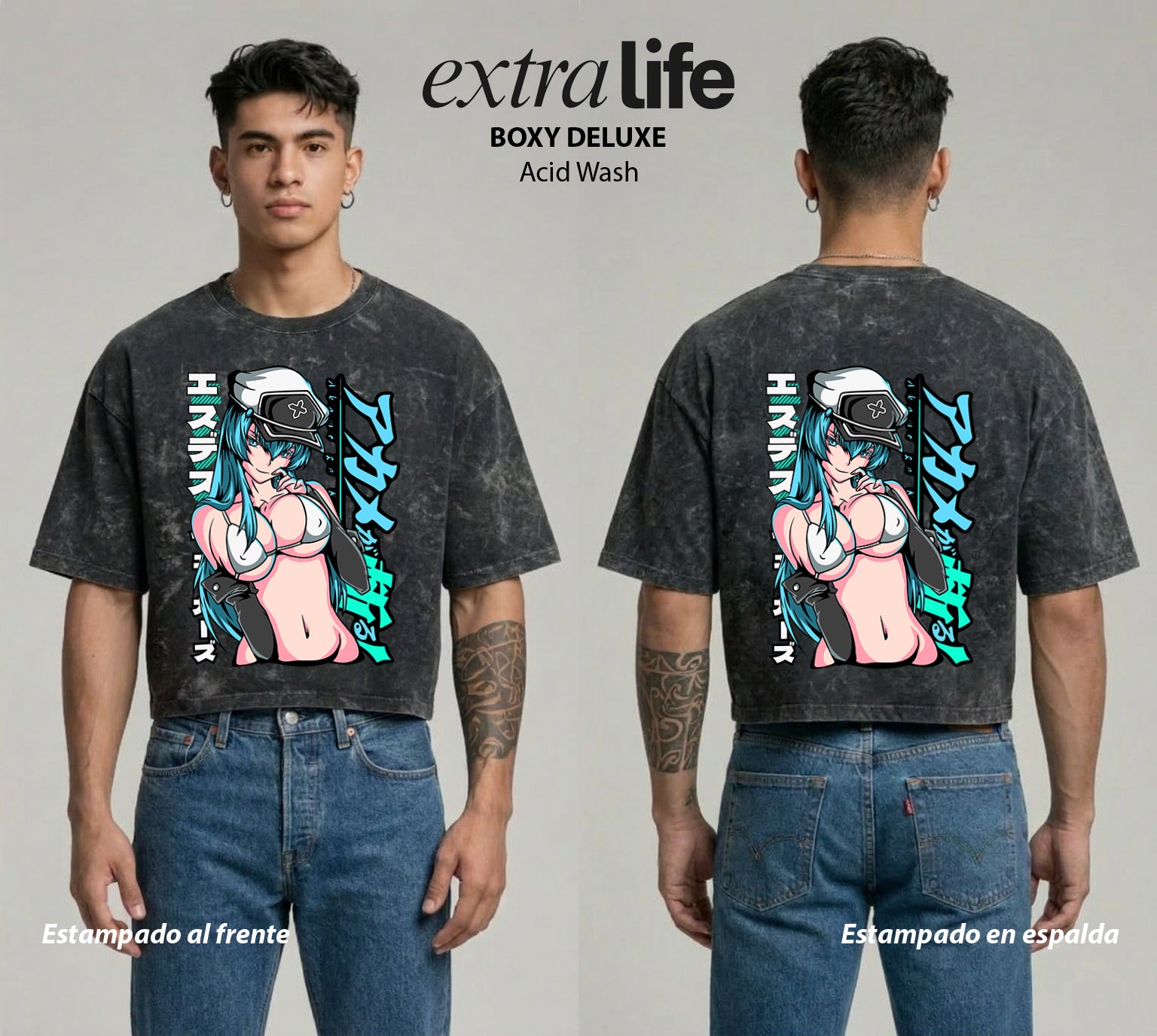 Playera streetwear premium de anime y gaming ExtraLife MX, corte boxy deluxe mineral wash heavyweight en color Acid Wash, moda urbana mexicana de culto.
