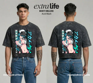 Playera streetwear premium de anime y gaming ExtraLife MX, corte boxy deluxe mineral wash heavyweight en color Acid Wash, moda urbana mexicana de culto.