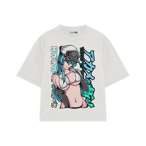 Playera streetwear premium de anime y gaming ExtraLife MX, corte boxy oversized drop shoulder heavyweight en color Deep Black y Off-White, moda urbana mexicana de culto.