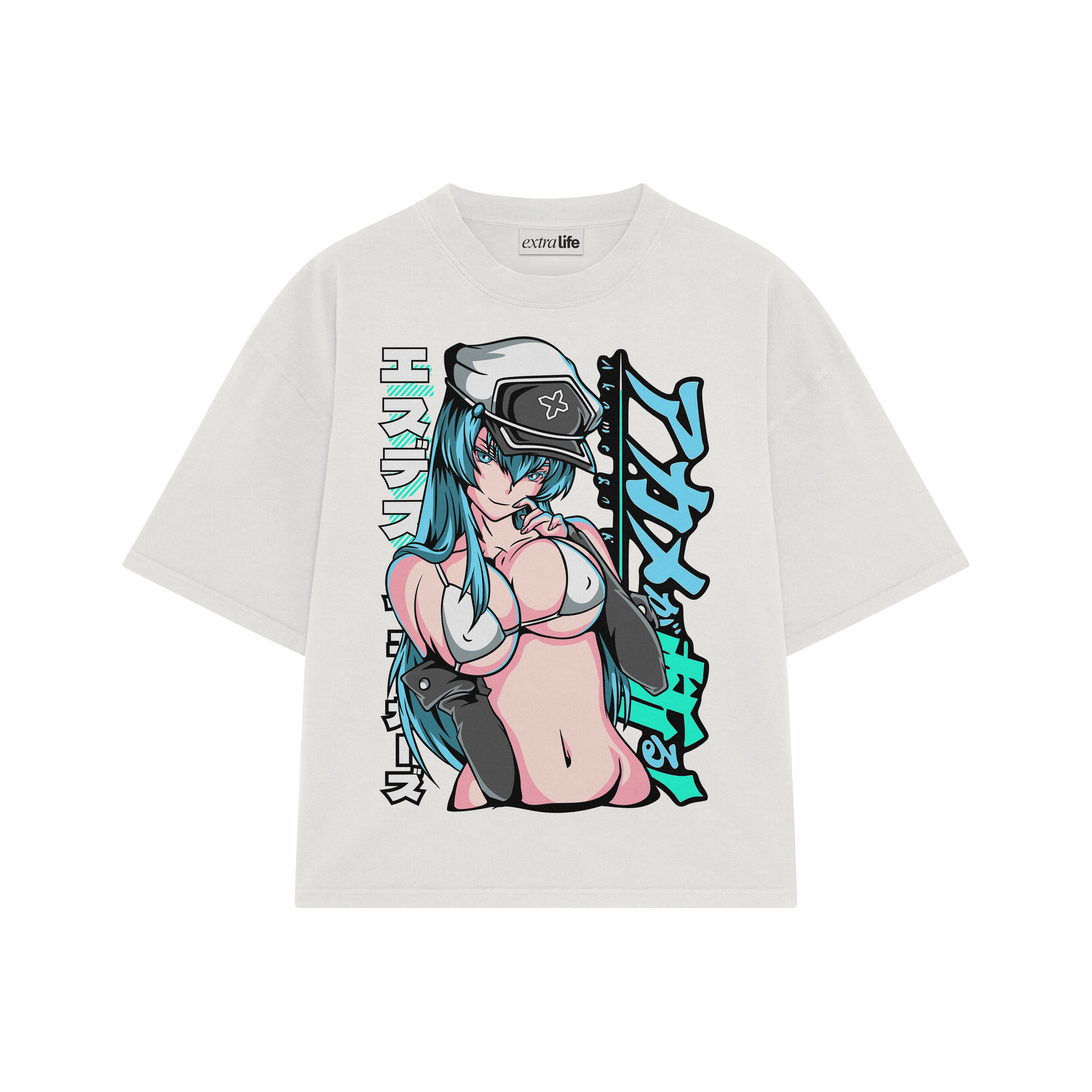 Playera streetwear premium de anime y gaming ExtraLife MX, corte boxy oversized drop shoulder heavyweight en color Deep Black y Off-White, moda urbana mexicana de culto.