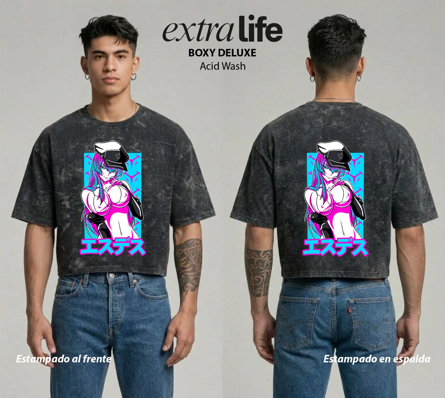 Playera streetwear premium de anime y gaming ExtraLife MX, corte boxy deluxe mineral wash heavyweight en color Acid Wash, moda urbana mexicana de culto.