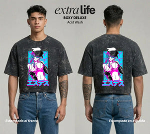 Playera streetwear premium de anime y gaming ExtraLife MX, corte boxy deluxe mineral wash heavyweight en color Acid Wash, moda urbana mexicana de culto.