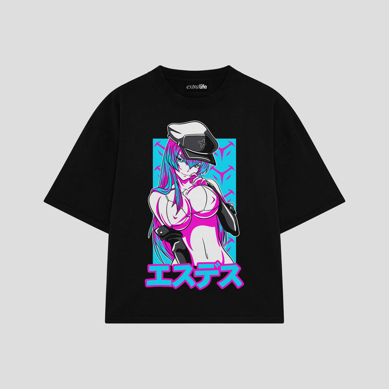 Playera streetwear premium de anime y gaming ExtraLife MX, corte boxy oversized drop shoulder heavyweight en color Deep Black y Off-White, moda urbana mexicana de culto.