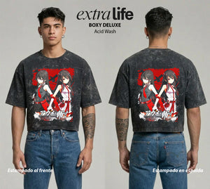 Playera streetwear premium de anime y gaming ExtraLife MX, corte boxy deluxe mineral wash heavyweight en color Acid Wash, moda urbana mexicana de culto.