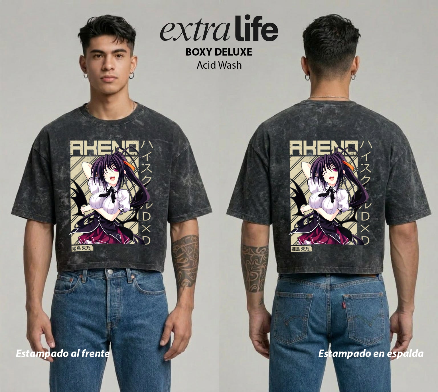 Playera streetwear premium de anime y gaming ExtraLife MX, corte boxy deluxe mineral wash heavyweight en color Acid Wash, moda urbana mexicana de culto.