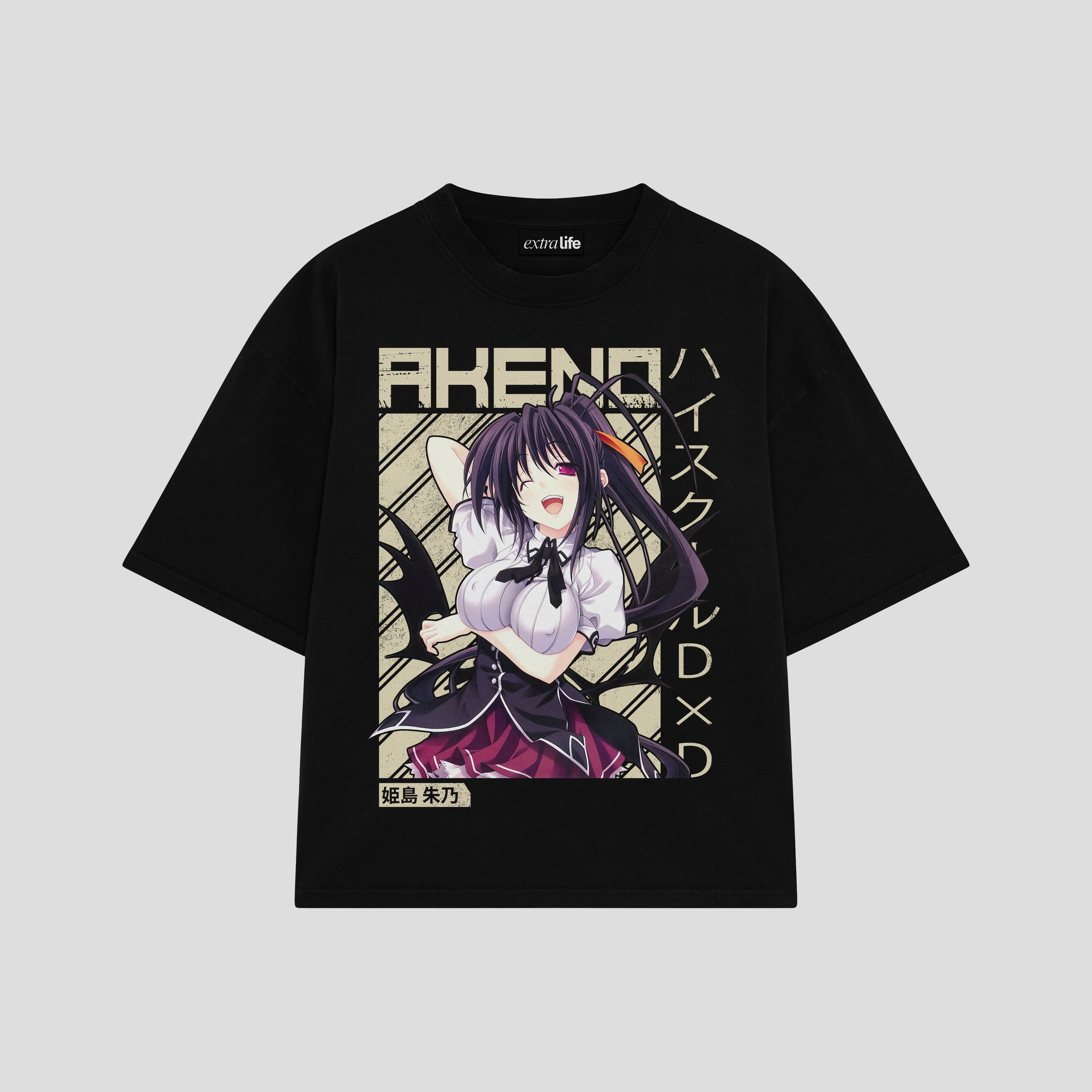 Playera streetwear premium de anime y gaming ExtraLife MX, corte boxy oversized drop shoulder heavyweight en color Deep Black y Off-White, moda urbana mexicana de culto.