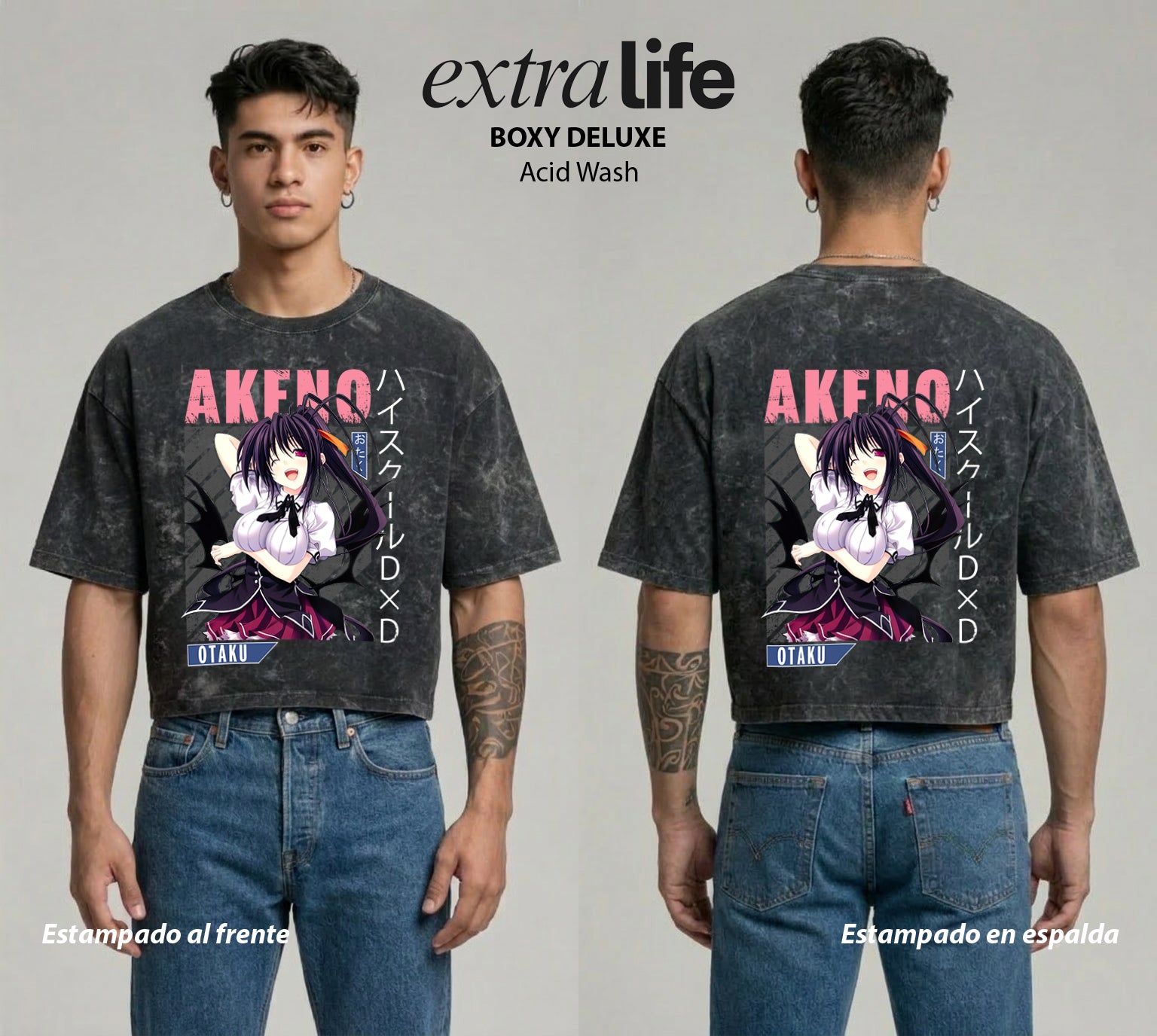 Playera streetwear premium de anime y gaming ExtraLife MX, corte boxy deluxe mineral wash heavyweight en color Acid Wash, moda urbana mexicana de culto.