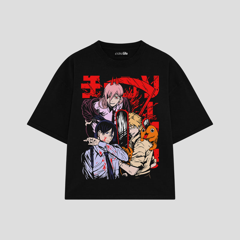 Playera streetwear premium de anime y gaming ExtraLife MX, corte boxy oversized drop shoulder heavyweight en color Deep Black y Off-White, moda urbana mexicana de culto.