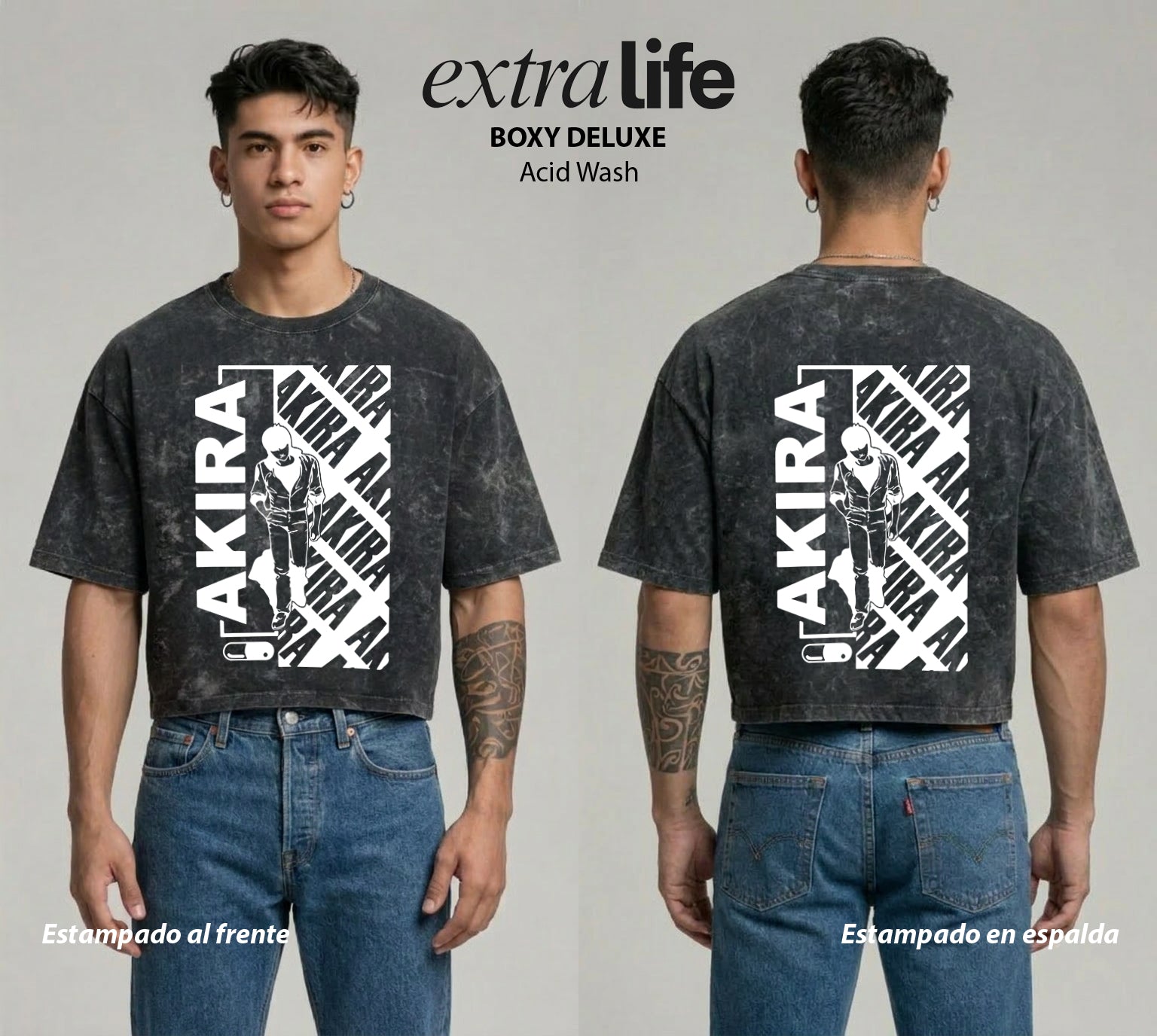 Playera streetwear premium de anime y gaming ExtraLife MX, corte boxy deluxe mineral wash heavyweight en color Acid Wash, moda urbana mexicana de culto.