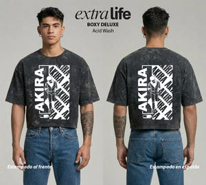 Playera streetwear premium de anime y gaming ExtraLife MX, corte boxy deluxe mineral wash heavyweight en color Acid Wash, moda urbana mexicana de culto.