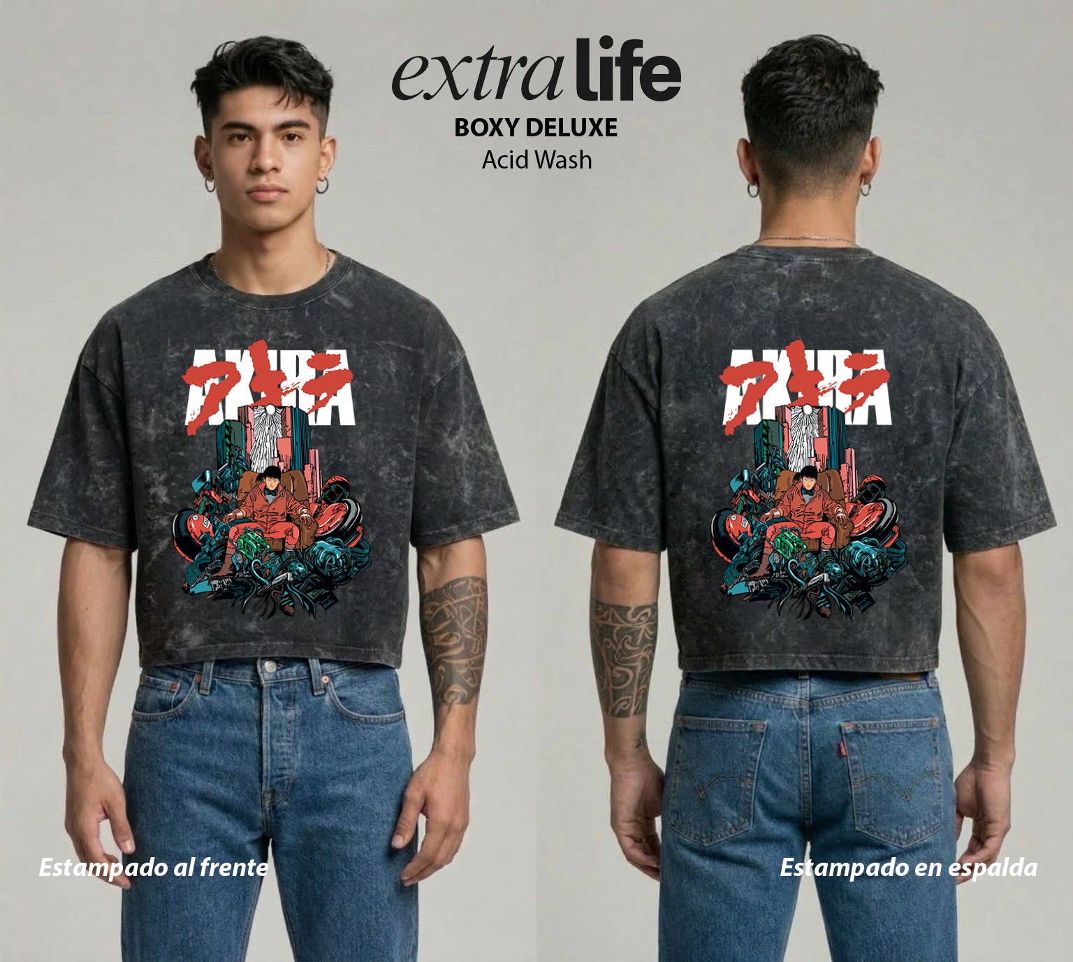Playera streetwear premium de anime y gaming ExtraLife MX, corte boxy deluxe mineral wash heavyweight en color Acid Wash, moda urbana mexicana de culto.