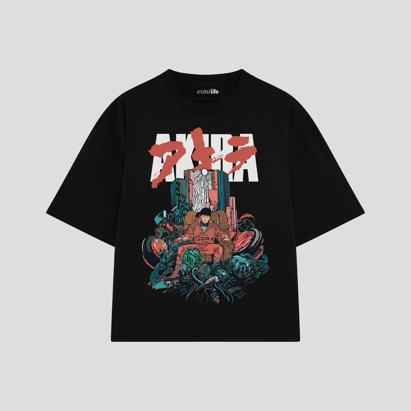 Playera streetwear premium de anime y gaming ExtraLife MX, corte boxy oversized drop shoulder heavyweight en color Deep Black y Off-White, moda urbana mexicana de culto.