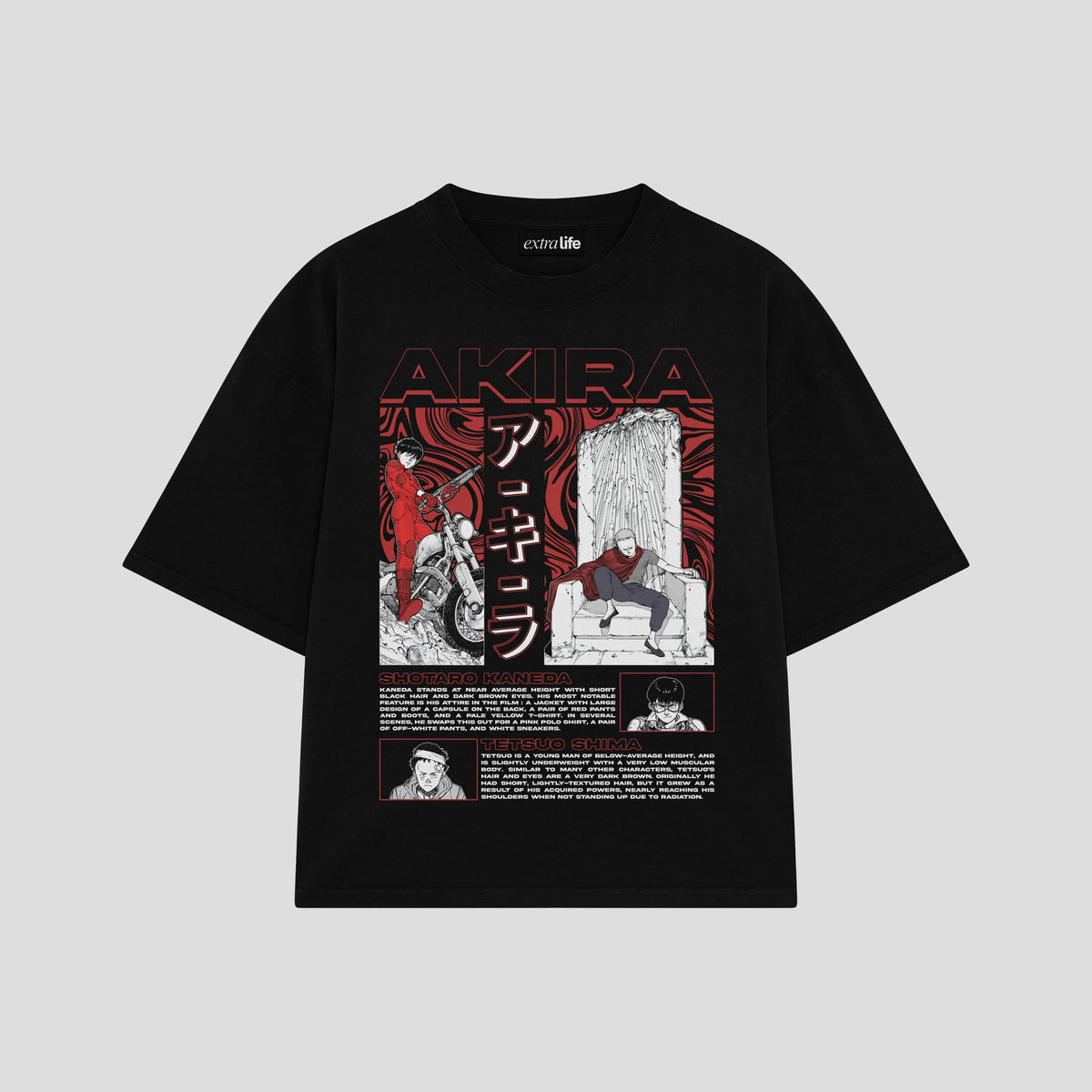 Playera streetwear premium de anime y gaming ExtraLife MX, corte oversized drop shoulder ligero y fresco en color Deep Black y Off-White, moda urbana mexicana de culto.
