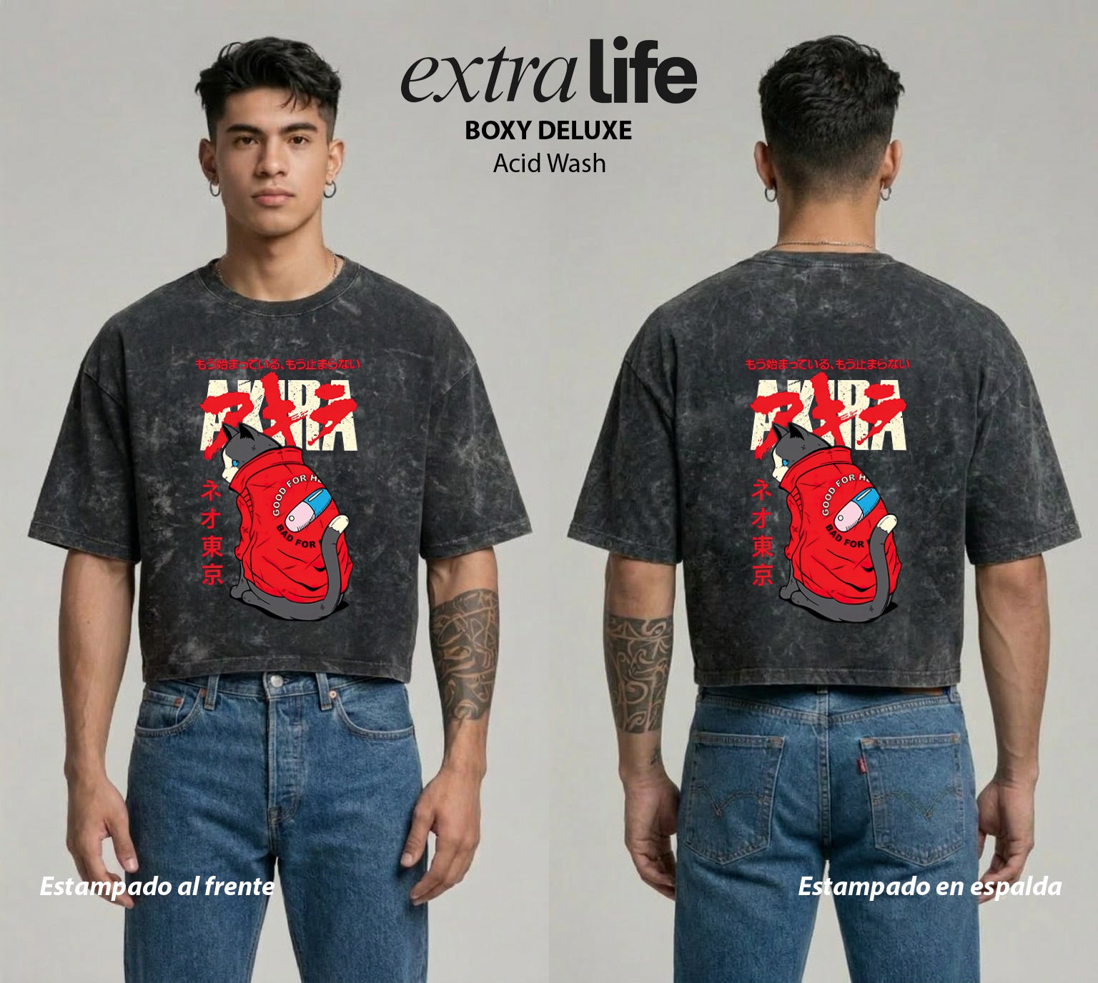 Playera streetwear premium de anime y gaming ExtraLife MX, corte boxy deluxe mineral wash heavyweight en color Acid Wash, moda urbana mexicana de culto.