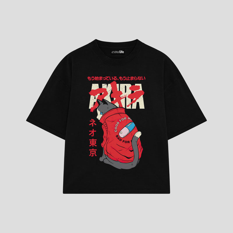 Playera streetwear premium de anime y gaming ExtraLife MX, corte boxy oversized drop shoulder heavyweight en color Deep Black y Off-White, moda urbana mexicana de culto.