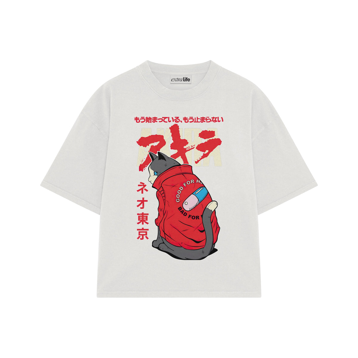 Playera streetwear premium de anime y gaming ExtraLife MX, corte oversized drop shoulder ligero y fresco en color Deep Black y Off-White, moda urbana mexicana de culto.