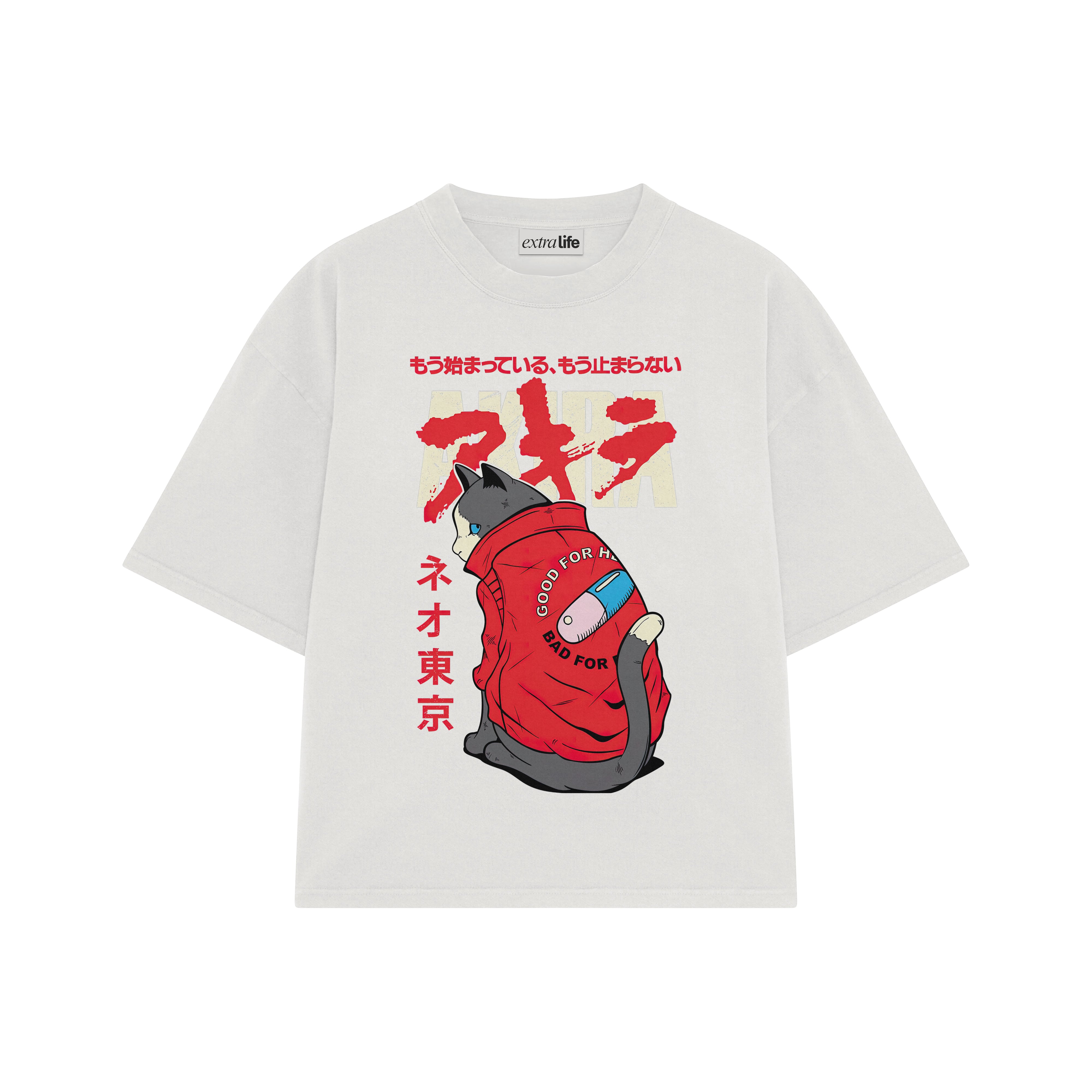 Playera streetwear premium de anime y gaming ExtraLife MX, corte boxy oversized drop shoulder heavyweight en color Deep Black y Off-White, moda urbana mexicana de culto.