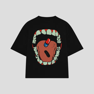 Playera streetwear premium de anime y gaming ExtraLife MX, corte boxy oversized drop shoulder heavyweight en color Deep Black y Off-White, moda urbana mexicana de culto.