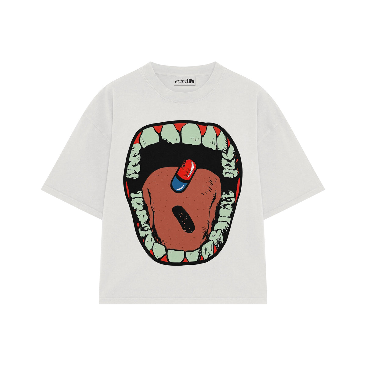 Playera streetwear premium de anime y gaming ExtraLife MX, corte oversized drop shoulder ligero y fresco en color Deep Black y Off-White, moda urbana mexicana de culto.