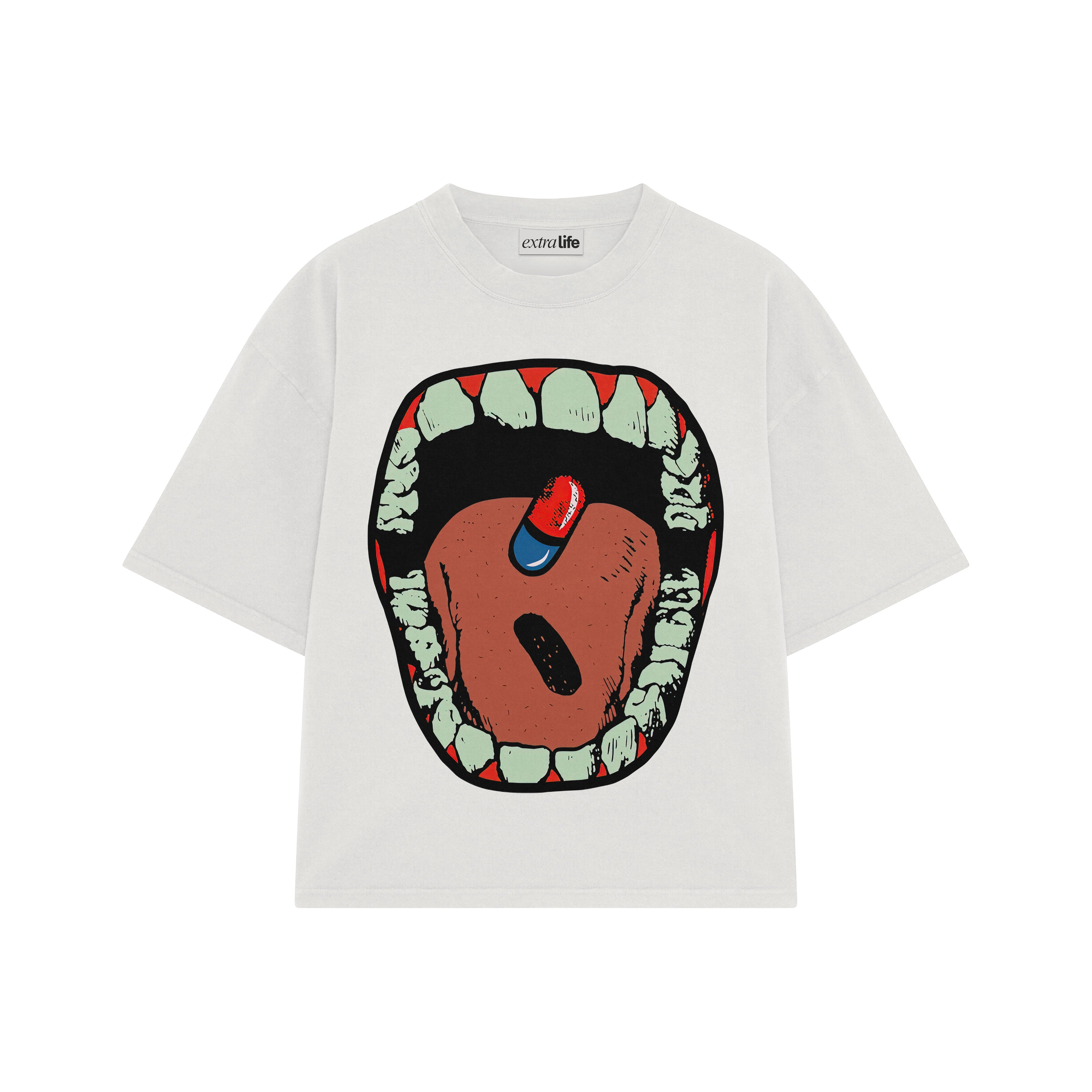 Playera streetwear premium de anime y gaming ExtraLife MX, corte boxy oversized drop shoulder heavyweight en color Deep Black y Off-White, moda urbana mexicana de culto.