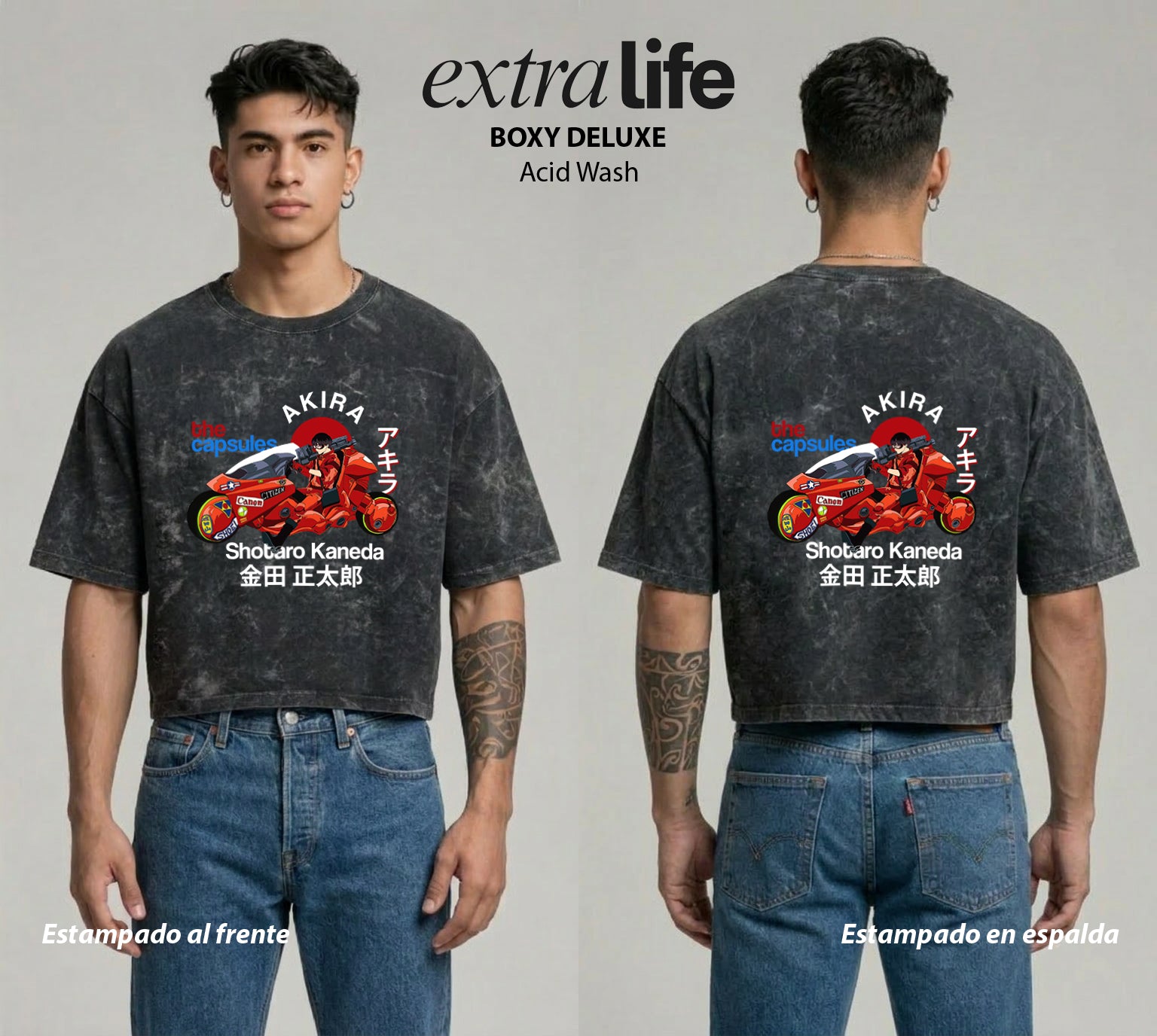 Playera streetwear premium de anime y gaming ExtraLife MX, corte boxy deluxe mineral wash heavyweight en color Acid Wash, moda urbana mexicana de culto.