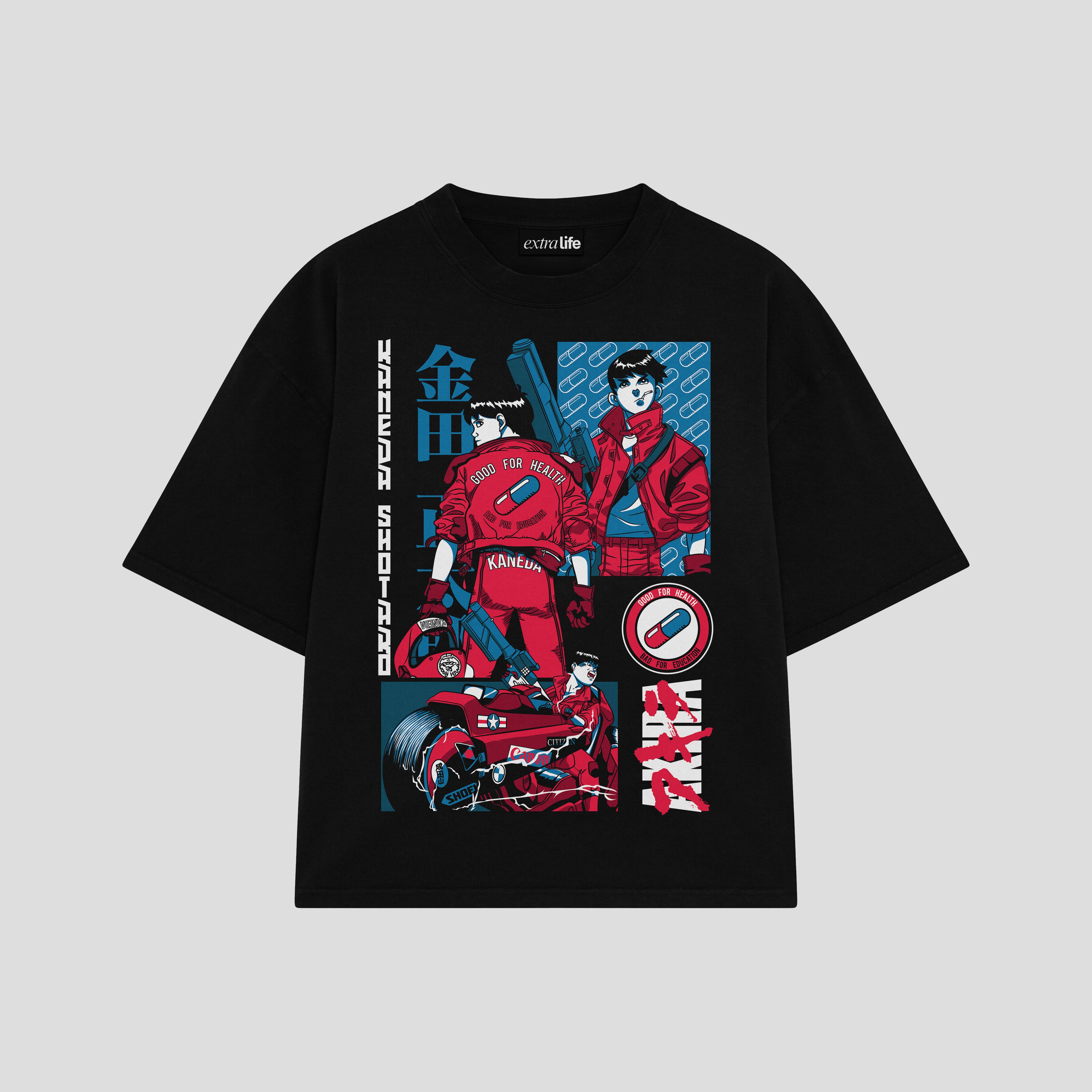 Playera streetwear premium de anime y gaming ExtraLife MX, corte boxy oversized drop shoulder heavyweight en color Deep Black y Off-White, moda urbana mexicana de culto.