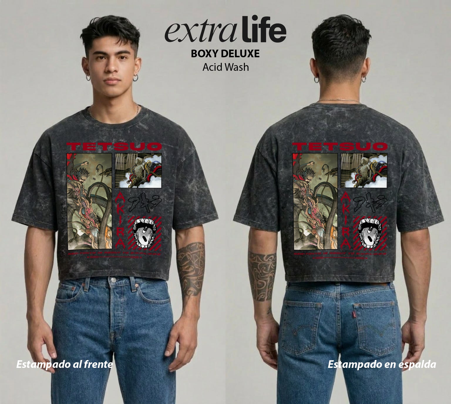 Playera streetwear premium de anime y gaming ExtraLife MX, corte boxy deluxe mineral wash heavyweight en color Acid Wash, moda urbana mexicana de culto.