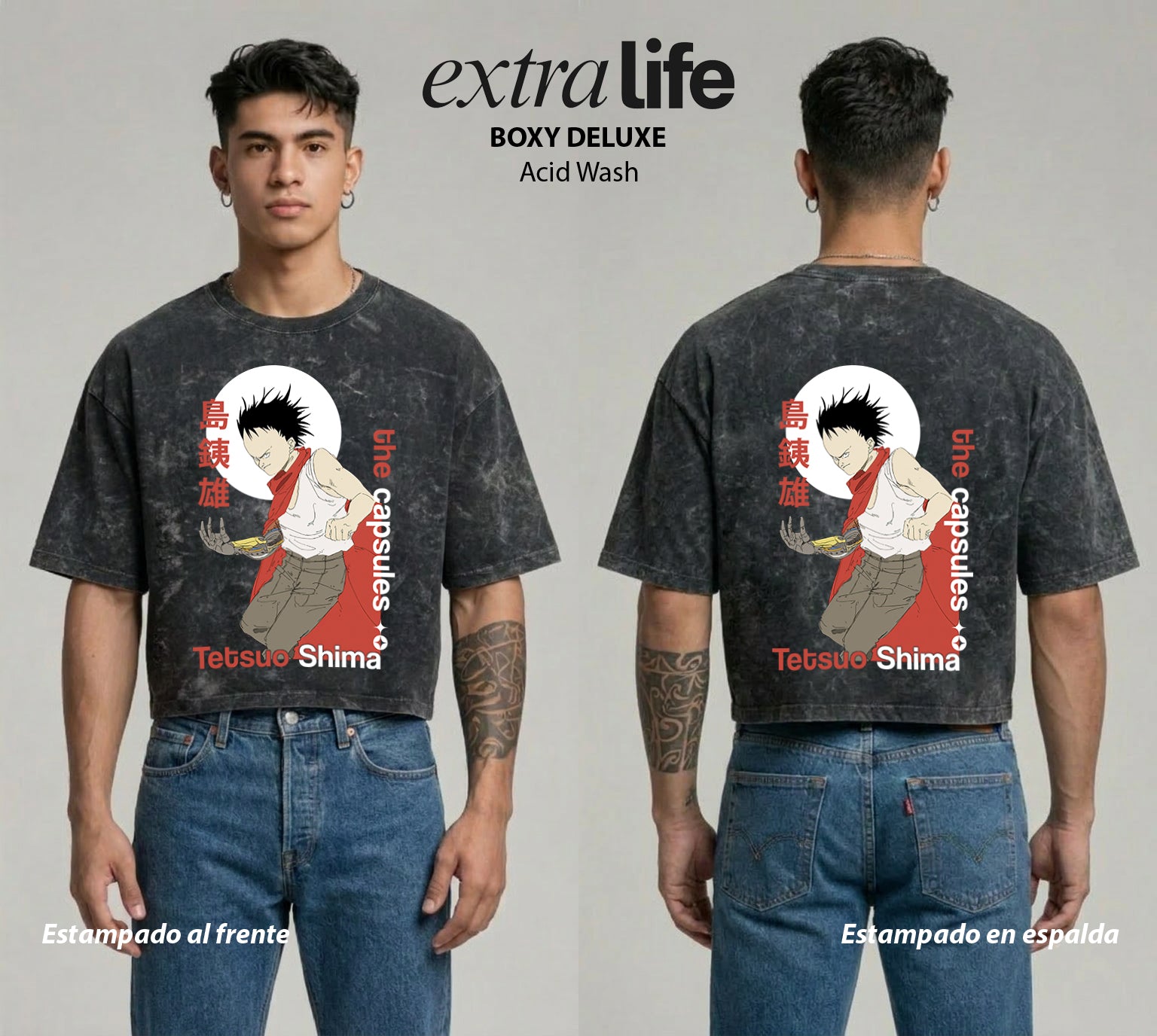 Playera streetwear premium de anime y gaming ExtraLife MX, corte boxy deluxe mineral wash heavyweight en color Acid Wash, moda urbana mexicana de culto.