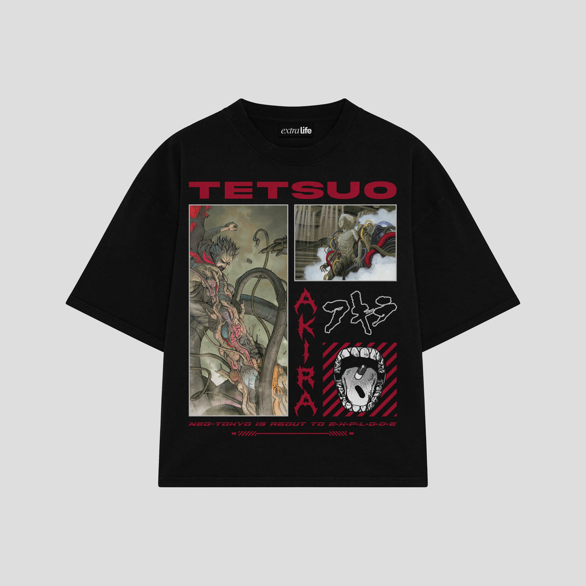 Playera streetwear premium de anime y gaming ExtraLife MX, corte oversized drop shoulder ligero y fresco en color Deep Black y Off-White, moda urbana mexicana de culto.