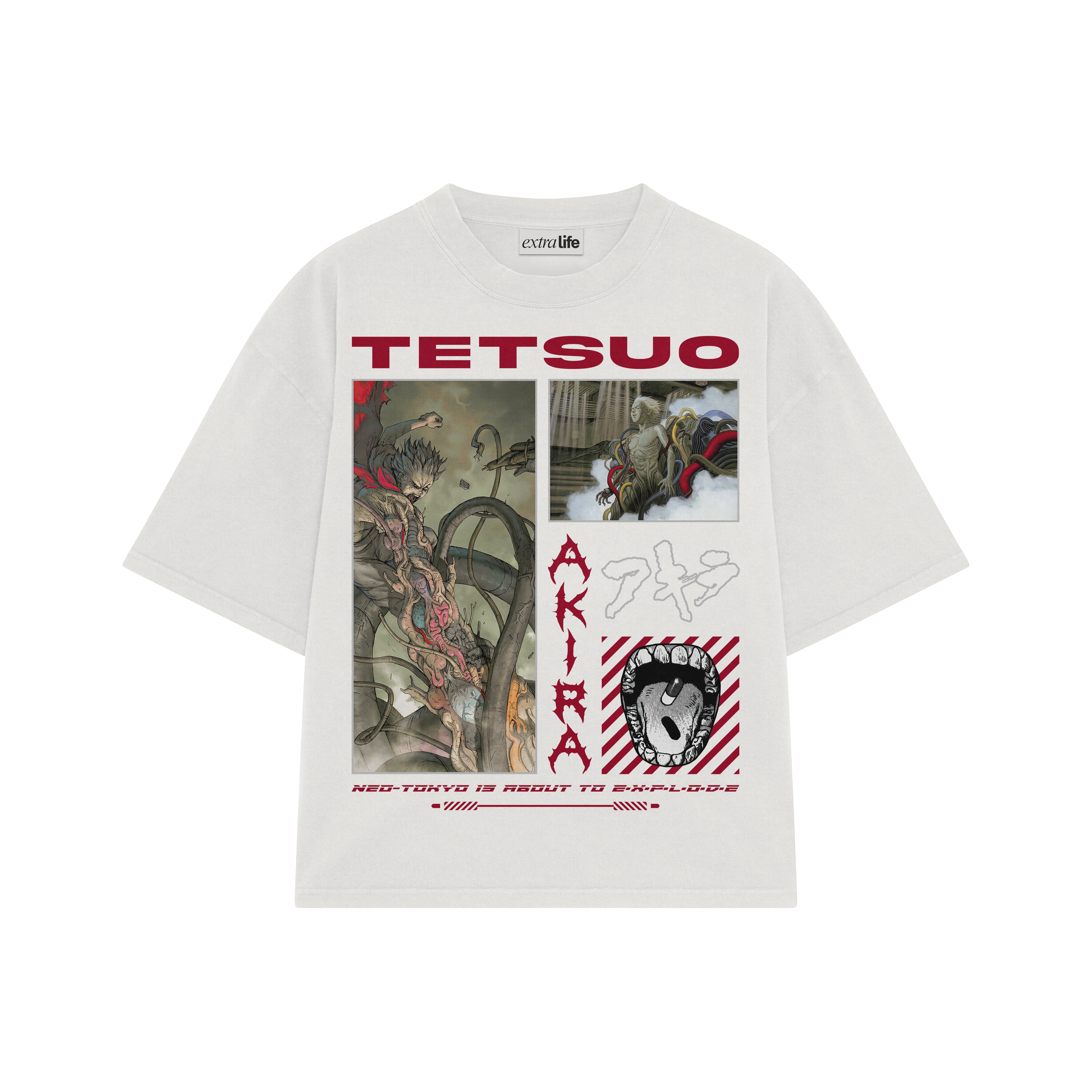 Playera streetwear premium de anime y gaming ExtraLife MX, corte boxy oversized drop shoulder heavyweight en color Deep Black y Off-White, moda urbana mexicana de culto.