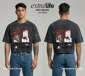 Playera streetwear premium de anime y gaming ExtraLife MX, corte boxy deluxe mineral wash heavyweight en color Acid Wash, moda urbana mexicana de culto.