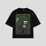 Playera streetwear premium de anime y gaming ExtraLife MX, corte boxy oversized drop shoulder heavyweight en color Deep Black y Off-White, moda urbana mexicana de culto.