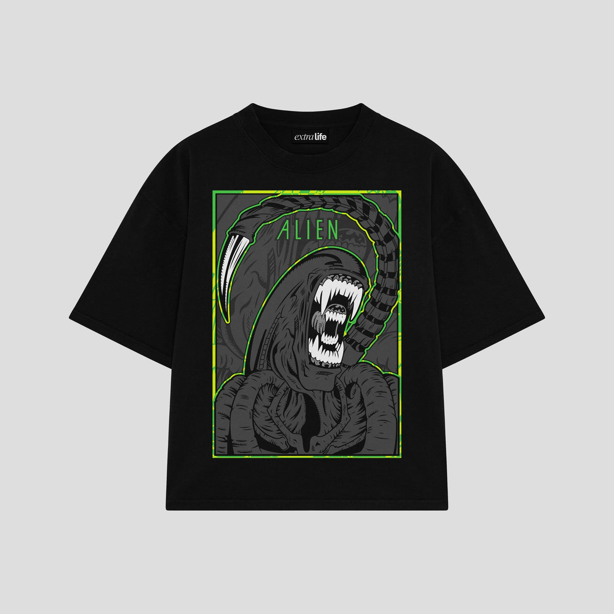 Playera streetwear premium de anime y gaming ExtraLife MX, corte oversized drop shoulder ligero y fresco en color Deep Black y Off-White, moda urbana mexicana de culto.