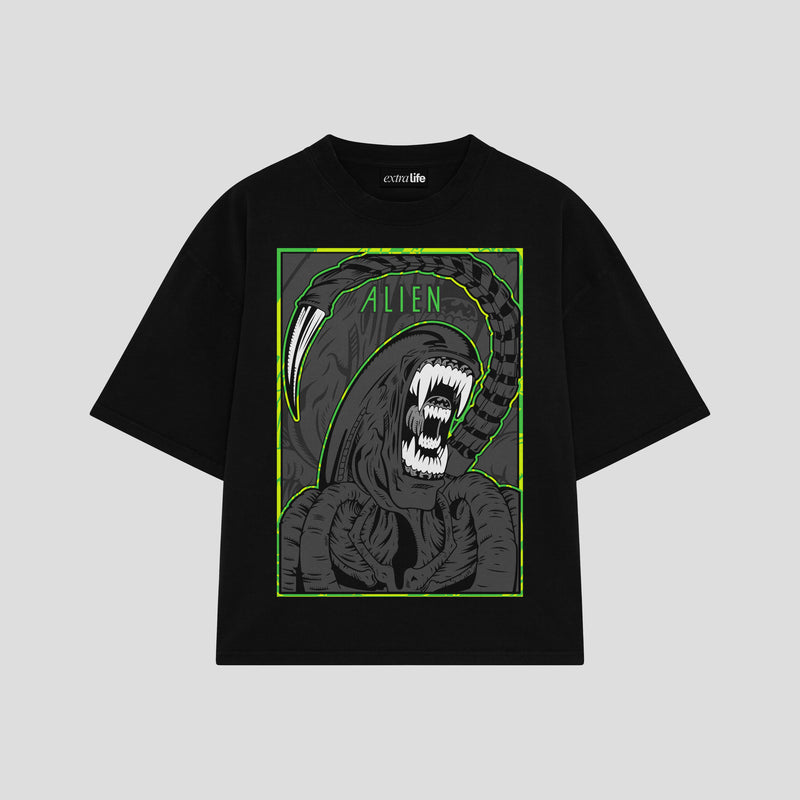 Playera streetwear premium de anime y gaming ExtraLife MX, corte boxy oversized drop shoulder heavyweight en color Deep Black y Off-White, moda urbana mexicana de culto.