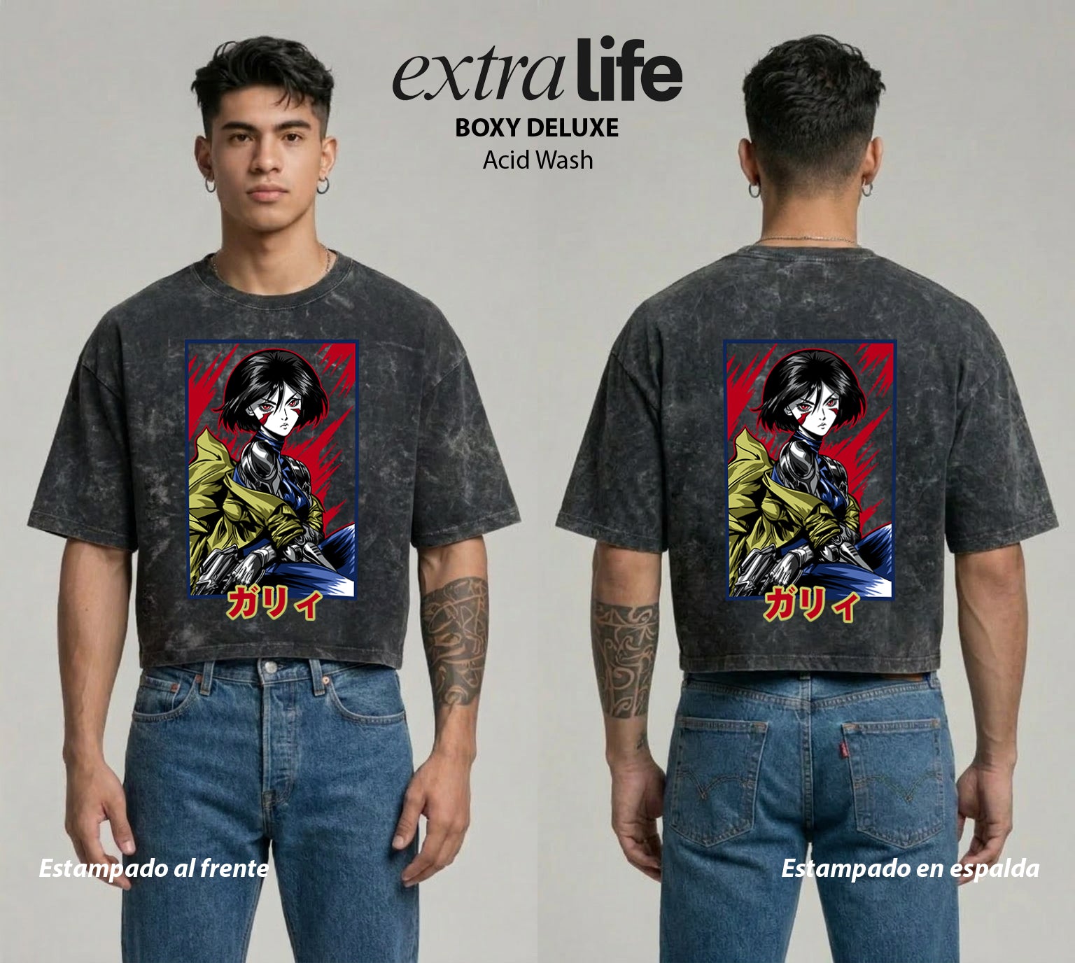 Playera streetwear premium de anime y gaming ExtraLife MX, corte boxy deluxe mineral wash heavyweight en color Acid Wash, moda urbana mexicana de culto.