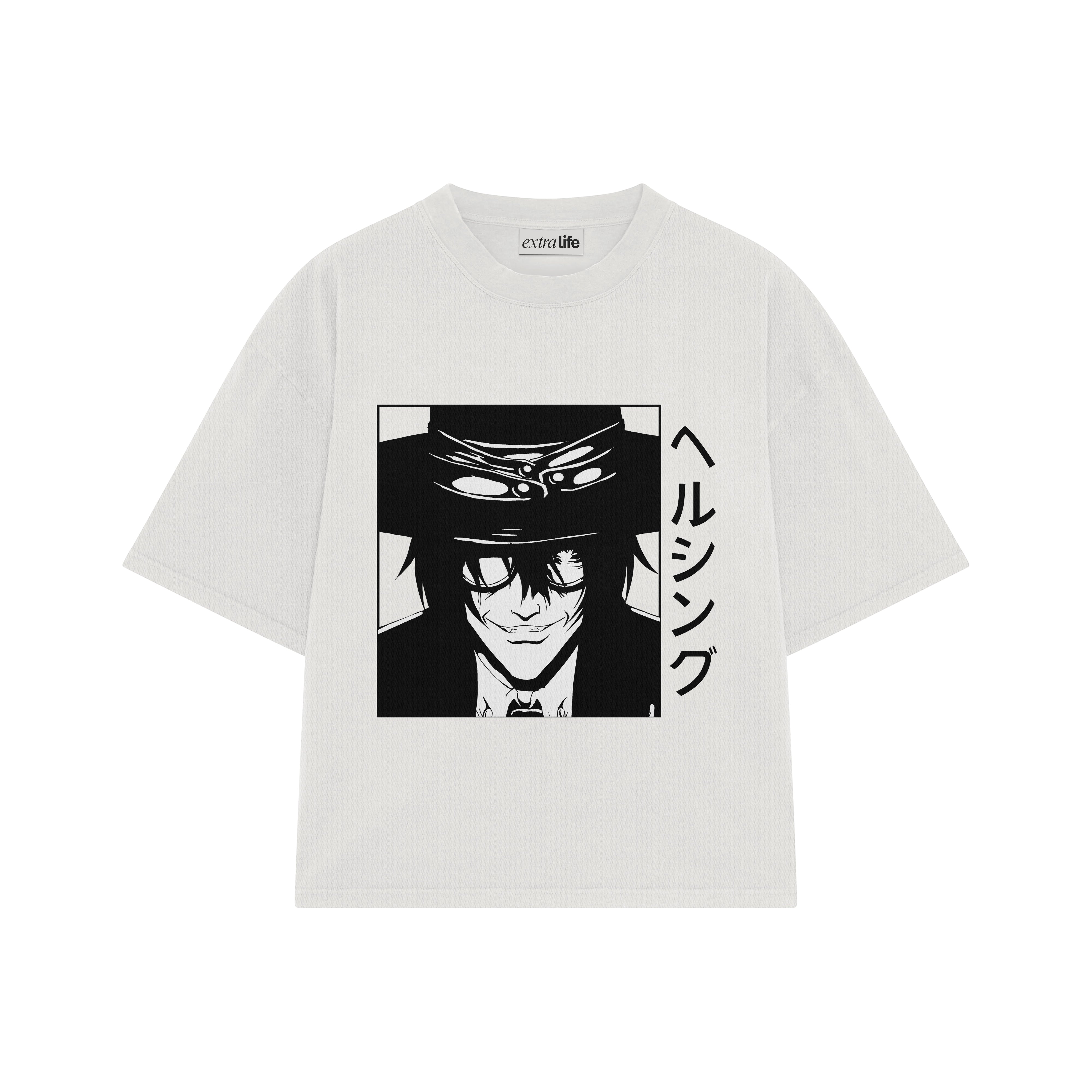 Playera streetwear premium de anime y gaming ExtraLife MX, corte boxy oversized drop shoulder heavyweight en color Deep Black y Off-White, moda urbana mexicana de culto.