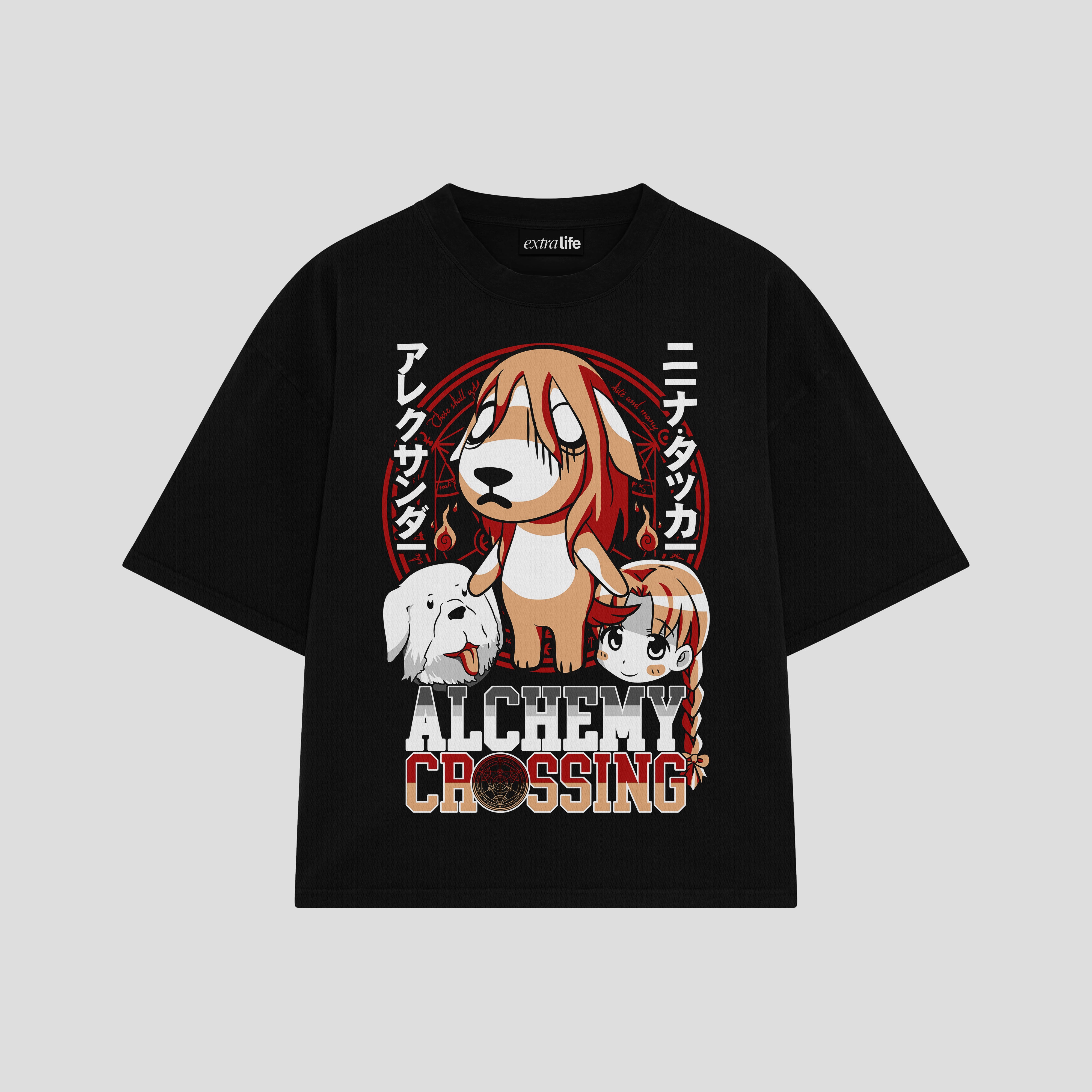 Playera streetwear premium de anime y gaming ExtraLife MX, corte boxy oversized drop shoulder heavyweight en color Deep Black y Off-White, moda urbana mexicana de culto.